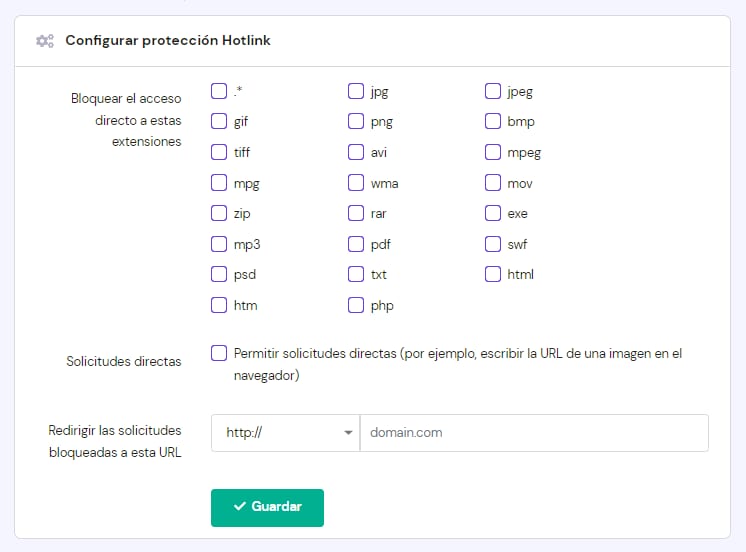 Configuración de protección Hotlink en hPanel con casillas para bloquear extensiones y botón Guardar