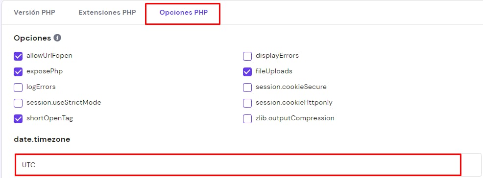 Hostinger: pestaña Opciones PHP y campo date.timezone con UTC seleccionado