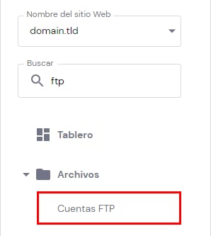 Hostinger hPanel con la opción Cuentas FTP resaltada en el menú Archivos