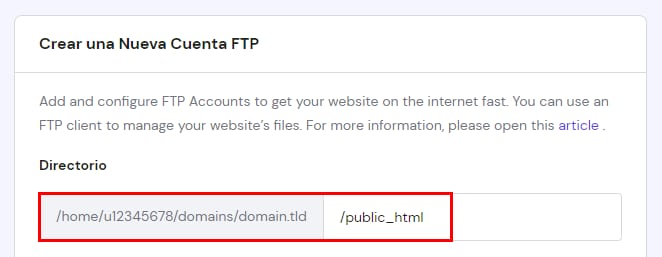 Hostinger hPanel con el campo de directorio FTP resaltado, mostrando /home/u12345678/domains/domain.tld/public_html