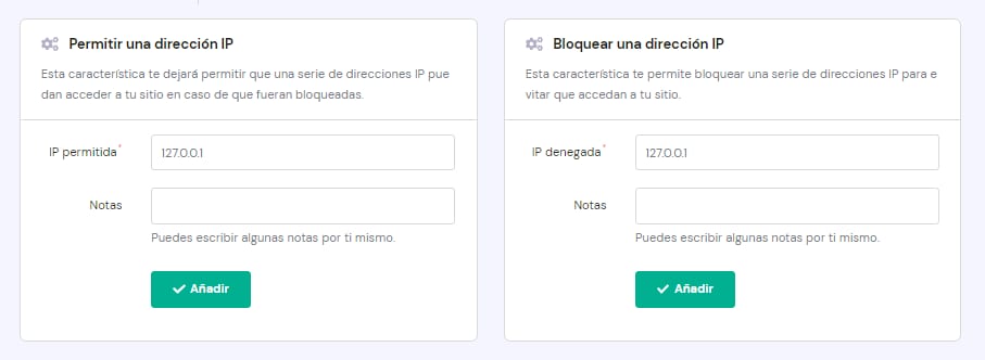 Hostinger: formularios para permitir o bloquear una direcci&oacute;n IP, con 127.0.0.1 resaltada en ambos campos