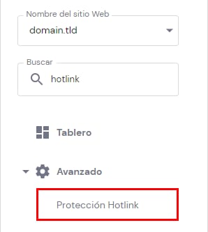 hPanel Hostinger: opción Protección Hotlink resaltada en el menú Avanzado