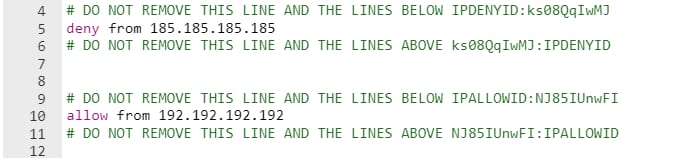 Editor de archivos: l&iacute;nea allow 192.192.192.192 resaltada en el c&oacute;digo