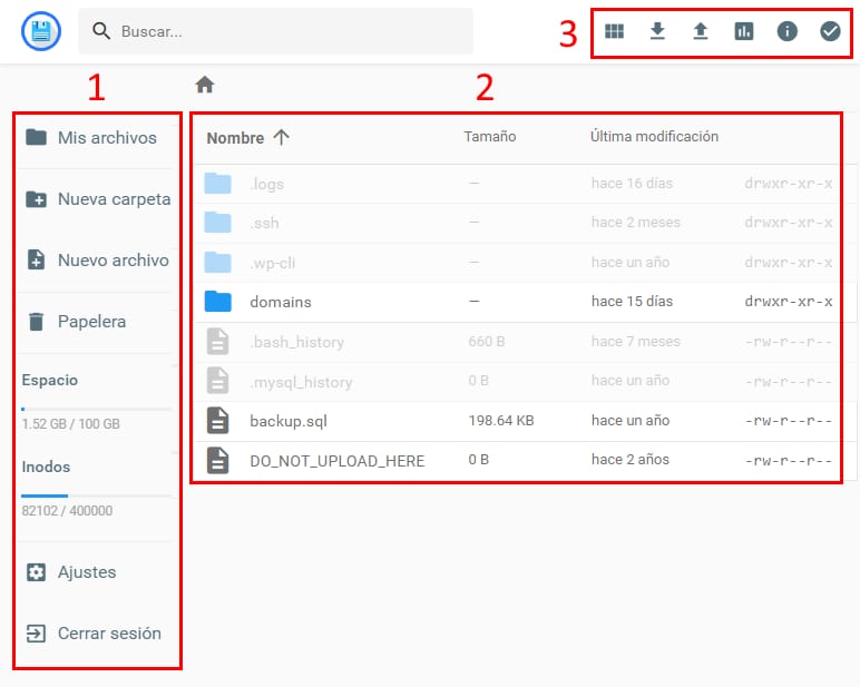 Hostinger Administrador de archivos con panel lateral, lista de archivos y barra de acciones superior resaltada