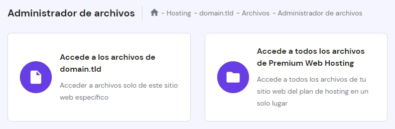 Administrador de archivos de Hostinger con tarjetas para acceder a los archivos de domain.tld o del hosting premium