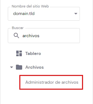 Hostinger: opción “Administrador de archivos” resaltada en el menú Archivos