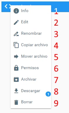 Menú contextual del Administrador de archivos con opciones de información, editar, renombrar y borrar