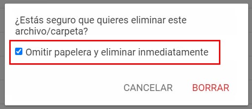 Hostinger: casilla para omitir la papelera y eliminar inmediatamente archivo o carpeta