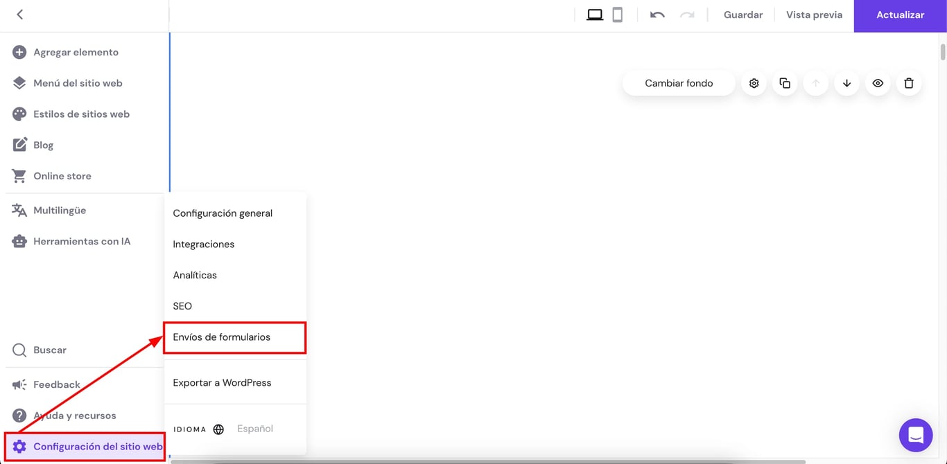 Configuración del sitio web con Envíos de formularios resaltado en Hostinger Creador de Sitios Web
