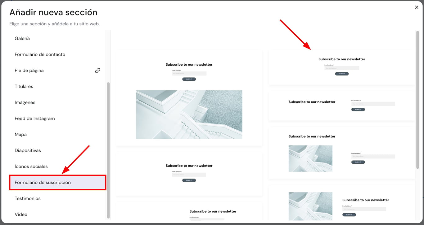 Hostinger Creador de Sitios Web: sección “Formulario de suscripción” resaltada en el menú para añadir newsletter