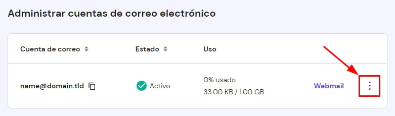 Hostinger: men&uacute; de opciones de una cuenta de correo con acceso a Webmail