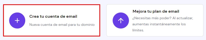 Hostinger: tarjeta &ldquo;Crea tu cuenta de email&rdquo; para crear una nueva cuenta de correo para el dominio