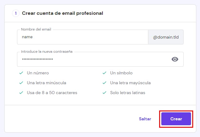 Hostinger: bot&oacute;n Crear resaltado en la ventana de crear cuenta de email profesional