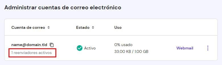 Hostinger: cuenta de correo con 1 reenviador activo resaltado