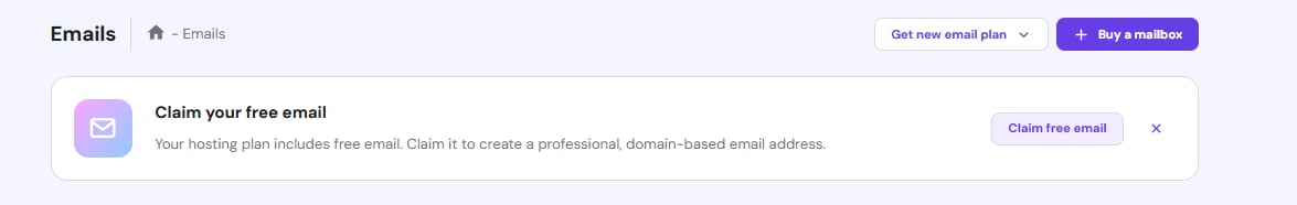 Hostinger Emails con bot&oacute;n &ldquo;Claim free email&rdquo; para reclamar correo gratis