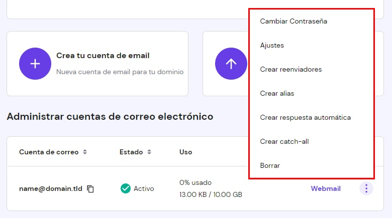 Hostinger: men&uacute; de opciones de una cuenta de correo con cambiar contrase&ntilde;a, ajustes y borrar