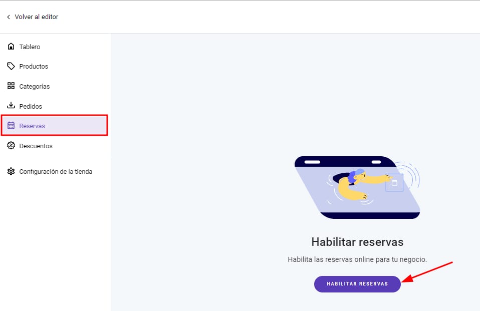 Hostinger Creador de Sitios: opci&oacute;n Reservas resaltada y bot&oacute;n Habilitar reservas