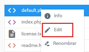 Editor de archivos de Hostinger con la opci&oacute;n Editar resaltada en el men&uacute; contextual