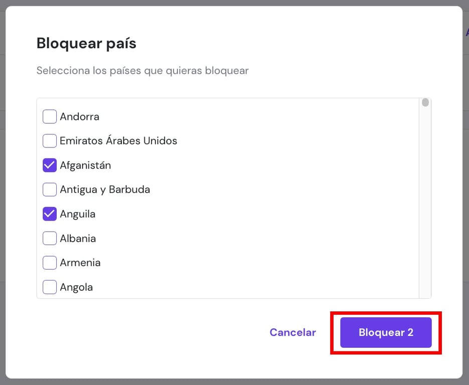 Ventana de bloqueo de pa&iacute;ses con el bot&oacute;n morado &ldquo;Bloquear 2&rdquo; resaltado
