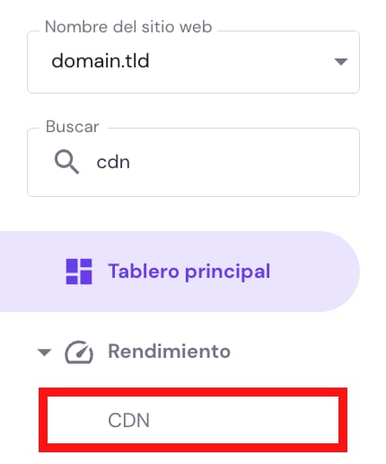 Panel de Hostinger con la opci&oacute;n CDN resaltada en el men&uacute; lateral