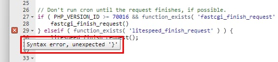 Editor de archivos con error de sintaxis resaltado en PHP