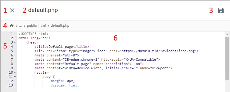 Editor de archivos de Hostinger con el archivo default.php abierto y el bot&oacute;n guardar resaltado