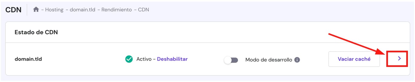 CDN de Hostinger: bot&oacute;n de flecha para abrir detalles del estado de CDN