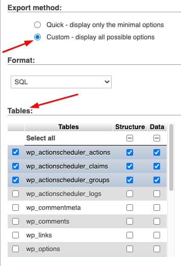 phpMyAdmin: m&eacute;todo de exportaci&oacute;n personalizado con formato SQL y lista de tablas seleccionadas