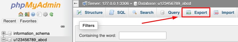 phpMyAdmin con la pesta&ntilde;a Exportar resaltada en la barra superior