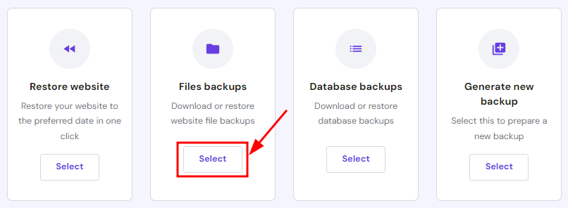 Hostinger: кнопка Select у розділі Files backups виділена червоною рамкою і стрілкою