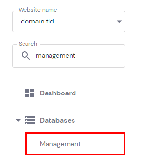 Hostinger hPanel: виділений пункт Management у розділі Databases