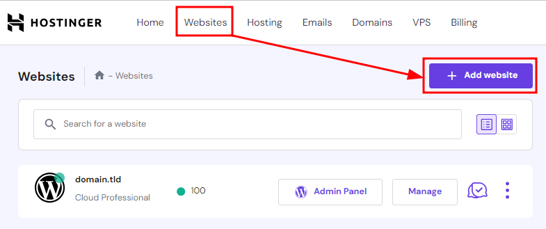 Hostinger: вкладка Websites і кнопка Add website підсвічені на панелі керування