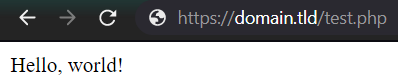 Сторінка test.php з помилкою браузера та текстом Hello, world!
