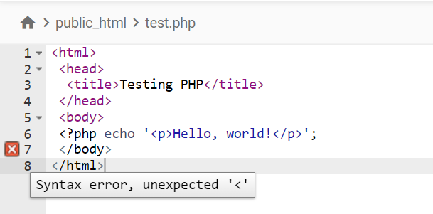 Редактор PHP у Hostinger з помилкою синтаксису через символ «