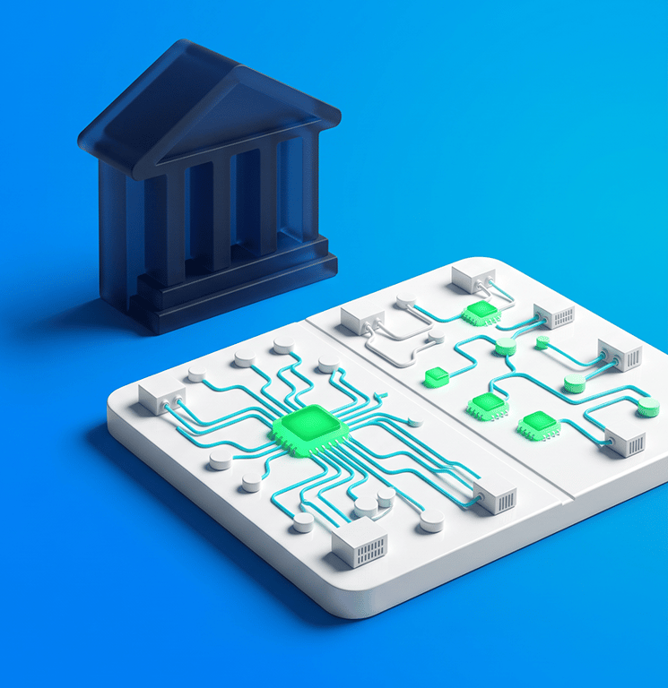 3D illustration of a building beside a board with green tech symbols, representing AI in consulting.