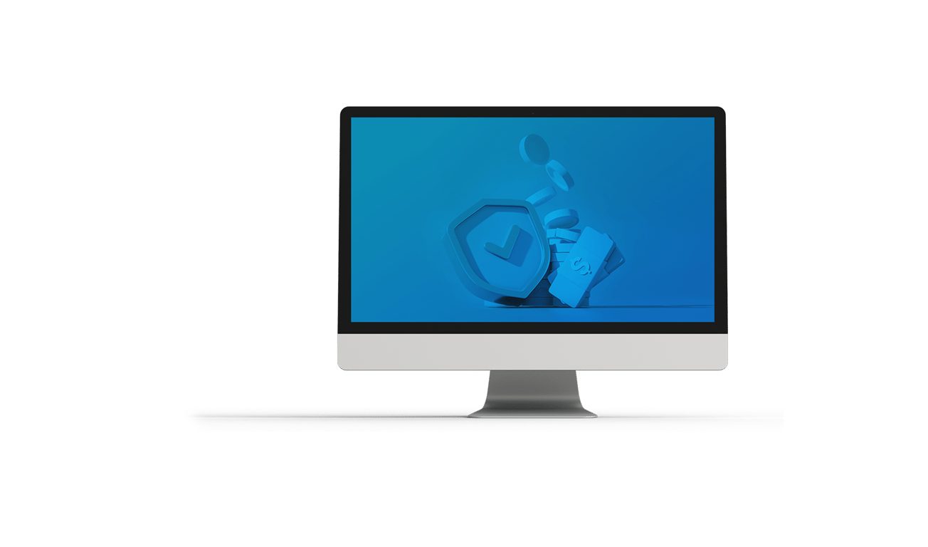 Illustration of a desktop monitor showing an abstract blue 3D graphic on a blue screen