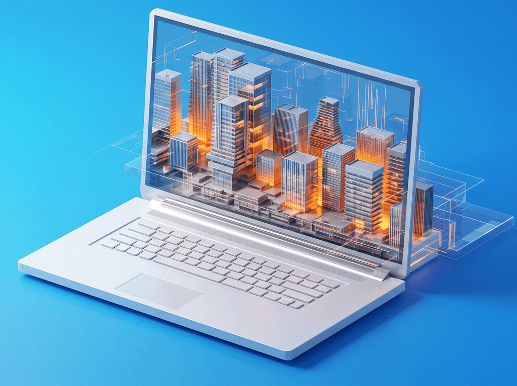 3D illustration of a laptop displaying a glowing city skyline, representing data analytics and urban technology
