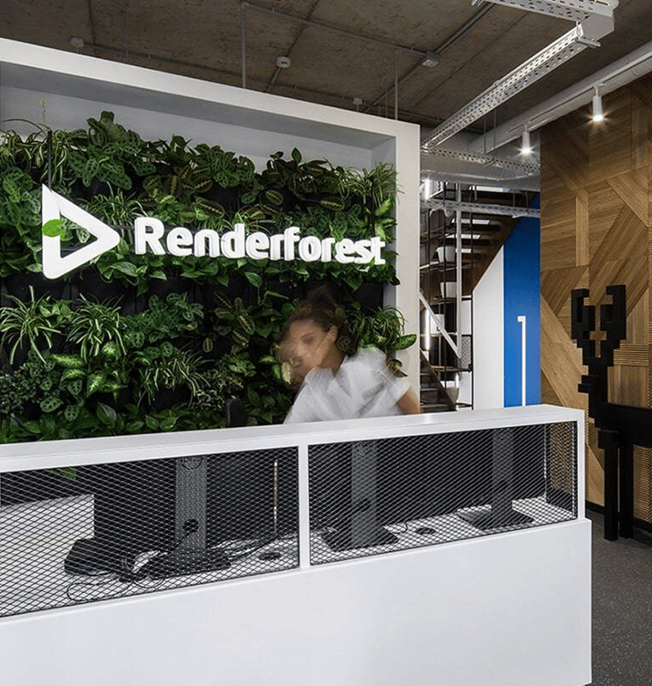 Renderforest office reception area with company logo