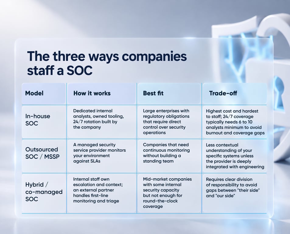 Table comparing in-house, outsourced MSSP, and hybrid SOC staffing models by how they work, best fit, and trade-offs