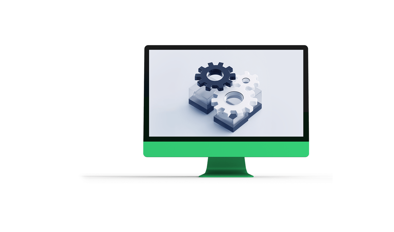 Illustration of a desktop monitor displaying interlocking gears, representing software process automation