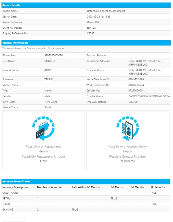 The collections 360 Dashboard provides information in real-time & considers early & late stages of debt when processing the various analytical models which is linked to the consumer included within the dashboard: