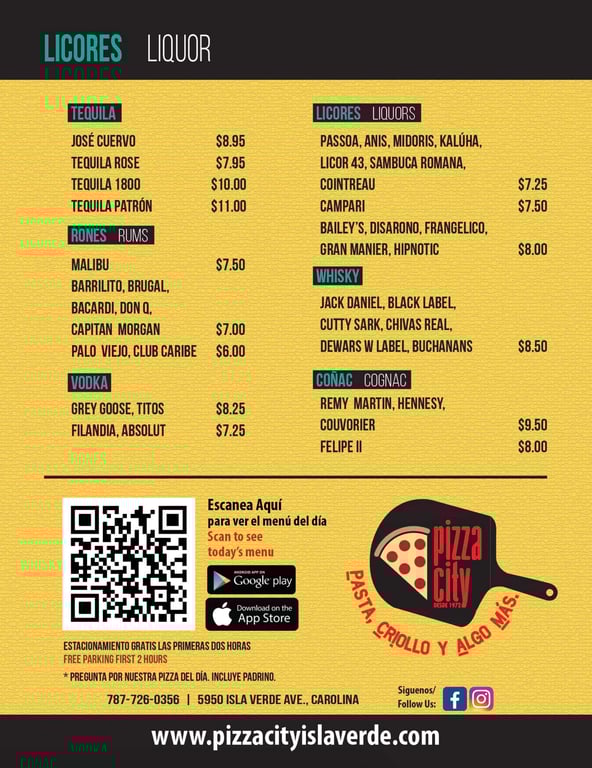 Liquor Menu Pizza City Isla Verde