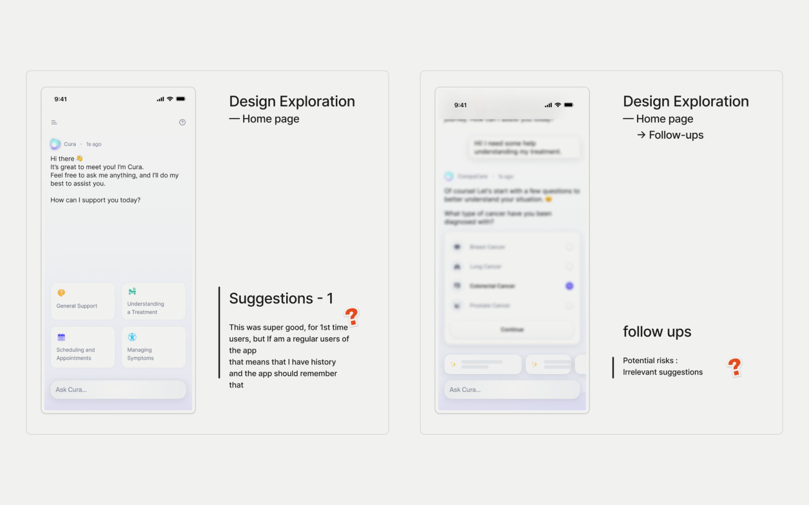 Cura home-screen and follow-up design explorations with risks and notes