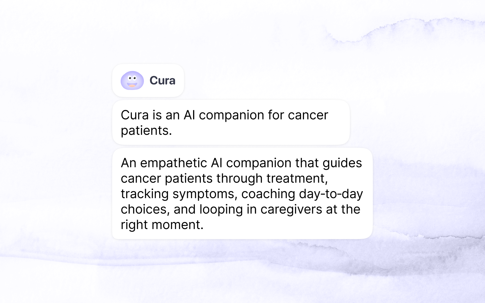 Cura cover introducing the AI companion through a sequence of conversation bubbles