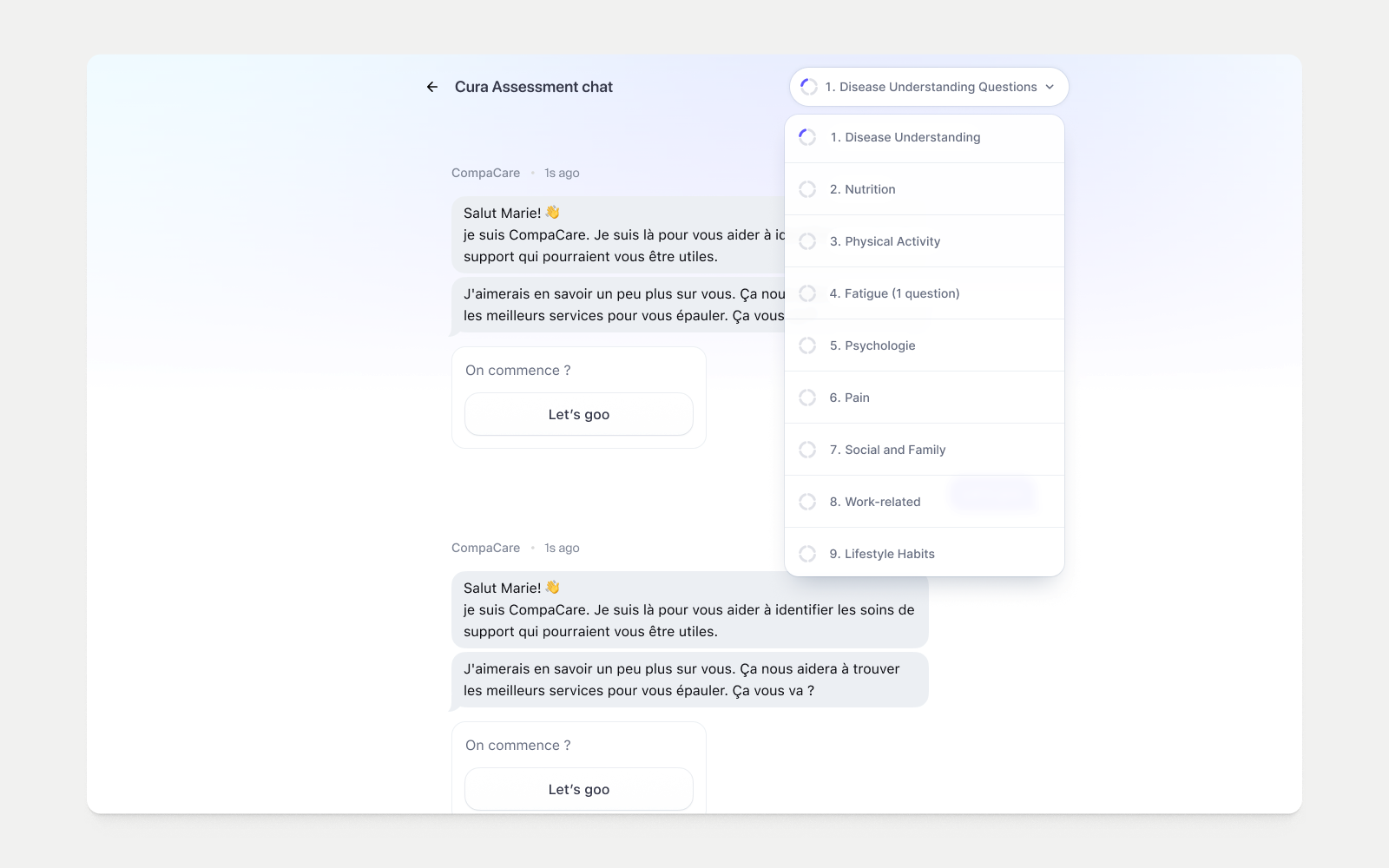 Cura assessment chat with a navigable sequence of care topics