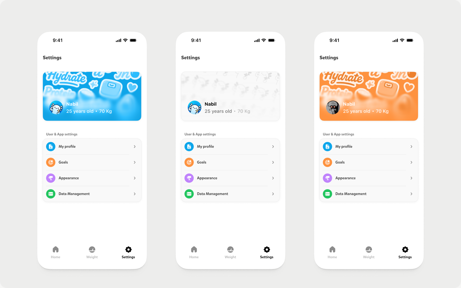 Three colorful profile card directions explored for Nectar settings