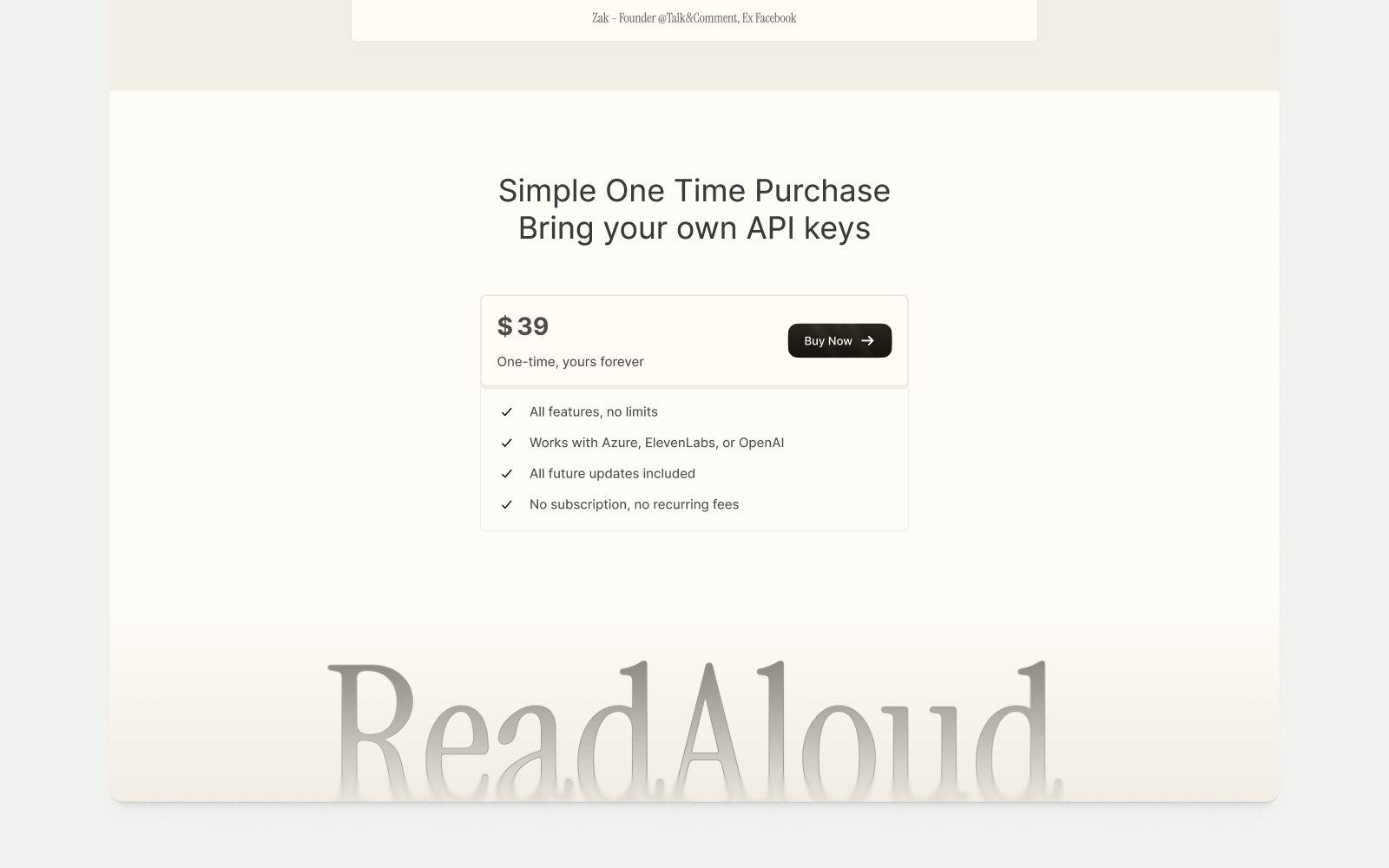 ReadAloud landing page one-time pricing section