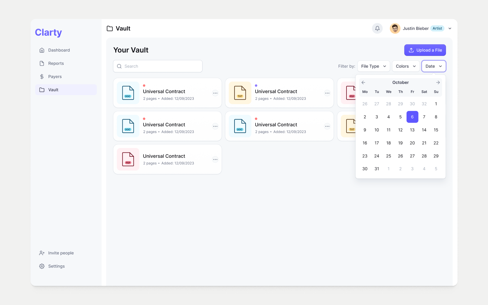 Clarty desktop document vault with a date filter