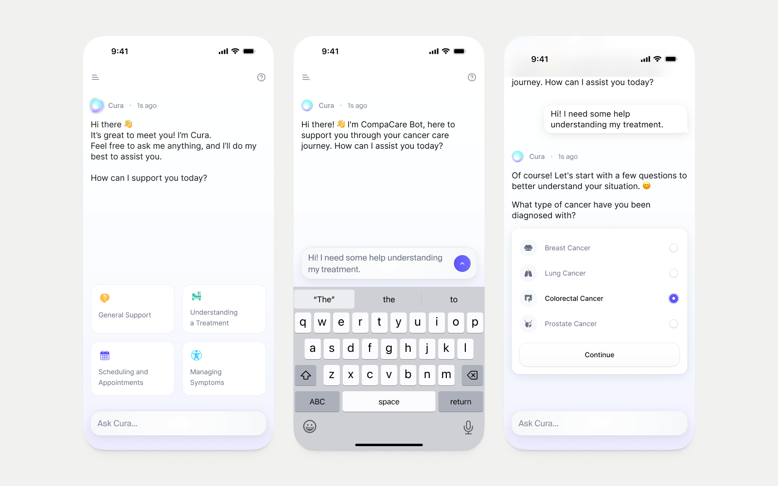 Three mobile screens showing Cura greeting, free-text entry, and structured answer selection
