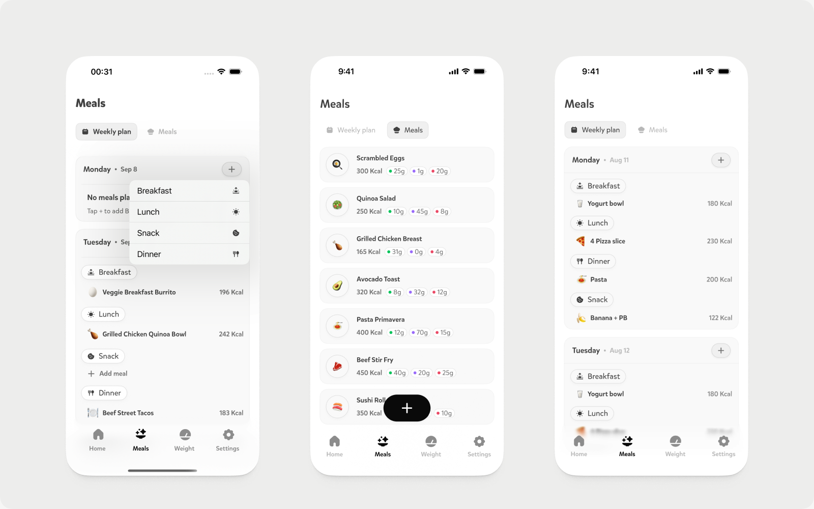 Three Nectar screens showing weekly planning, saved meals, and a planned day